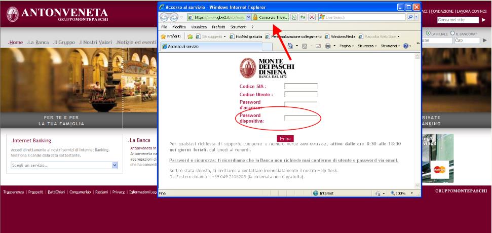 Trojan Banker: esempi di web inject 1/2 Il trojan Banker modifica (lato client) la pagina di login della banca, richiedendo anche la password dispositiva.