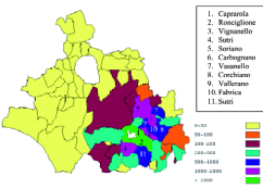 Fig. 1: distribuzione della SAU corilicola (Ha) nel territorio della provincia di Viterbo (fonte DEAR, Università degli Studi della Tuscia) Fig.