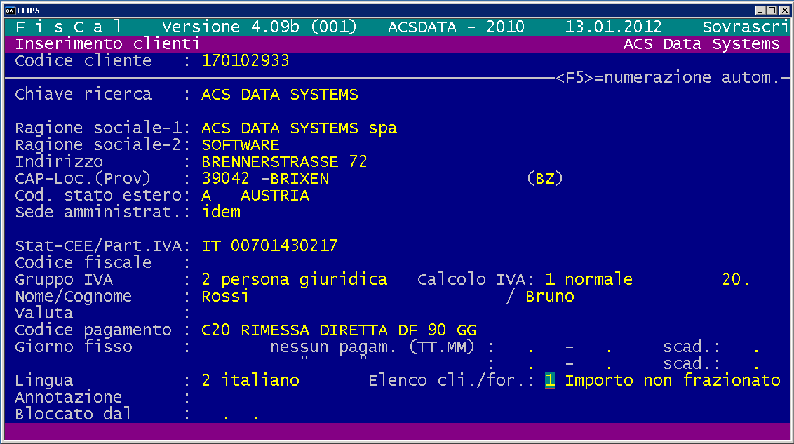 VALORE PROPOSTA NELLA ANAGRAFICA CLIENTI/FORNITORI E anche possibile fare proporre automaticamente nella registrazione contabile il contenuto del campo Elenco clienti/fornitori inserito nella