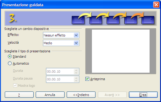 Come creare una presentazione nuova Nota Vedere la Guida a Impress per la creazione di presentazioni con altri mezzi di visualizzazione. 5) Fate clic su Avanti.