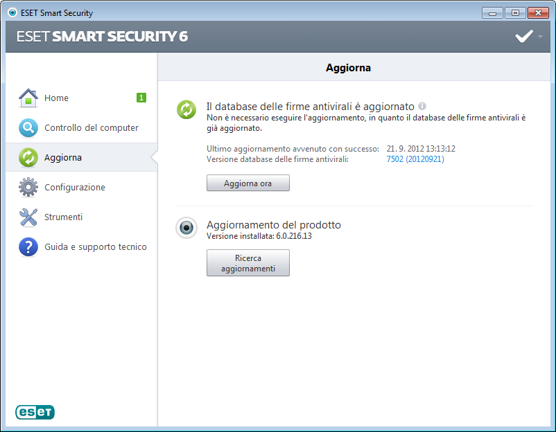 Aggiorna ESET Smart Security prevede un'attività predefinita per garantire aggiornamenti periodici (consultare la sezione Pianificazione attività nel manuale del prodotto).