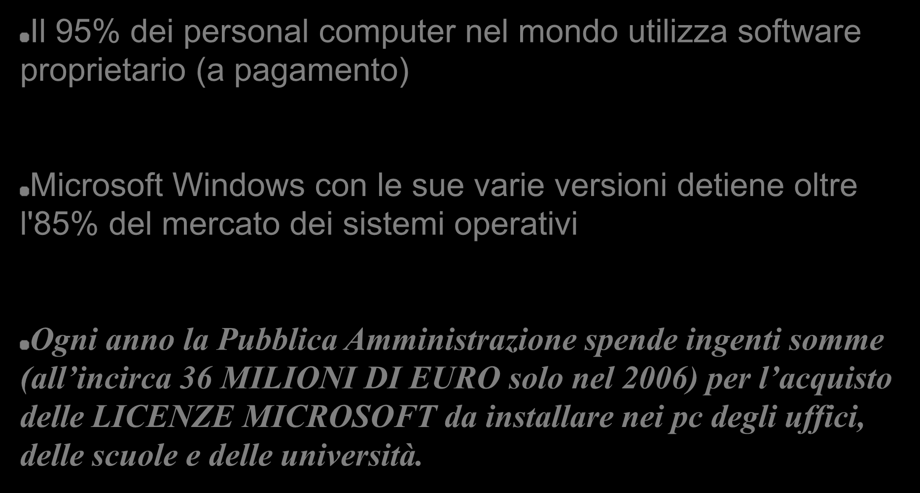 La situazione attuale Il 95% dei personal computer nel mondo utilizza software proprietario (a pagamento) Microsoft Windows con le sue varie versioni detiene oltre l'85% del mercato dei sistemi