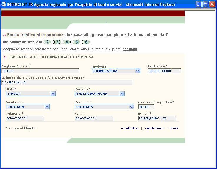 La prima parte del percorso richiede l inserimento dei dati anagrafici della tua Impresa. I menù a tendina faciliteranno la compilazione dei campi. I campi con l asterisco sono campi obbligatori.