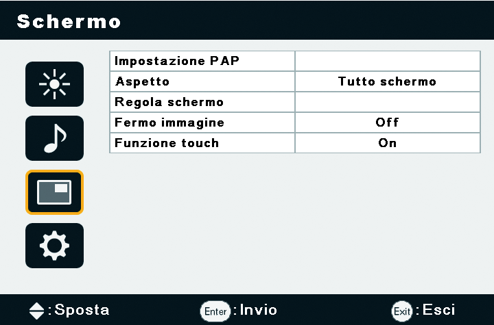 5. Menu On-Screen Display 21 Menu Schermo Nome Descrizione PAP: Consente di attivare o disattivare le funzioni PIP (Immagine nell'immagine) e PBP (Immagine per l'immagine).