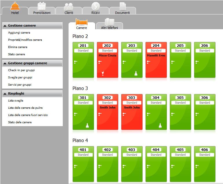 L'area centrale è suddivisa in due sezioni: Camere e Altri telefoni. Quest ultima visualizza i numeri di servizio o le cabine telefoniche eventualmente presenti nell'hotel. 2.