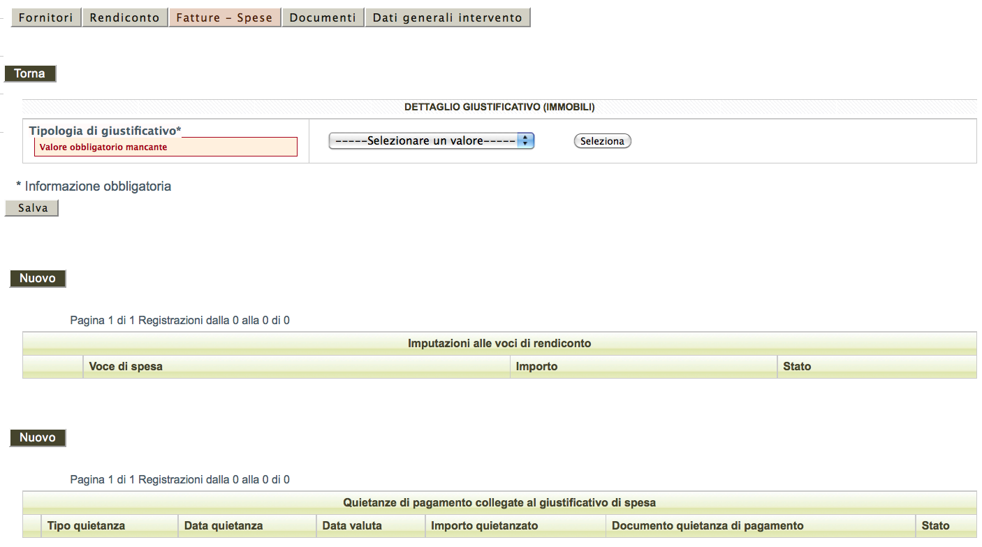 Cliccare sul pulsante Nuovo per creare il modulo di dettaglio del rendiconto analitico costituito da tre parti: dettaglio giustificativo; imputazione alle voci di rendiconto; quietanze di pagamento