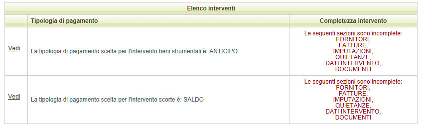 2.3. Sezione Elenco interventi Al primo accesso è necessario scegliere la modalità di erogazione del contributo per ogni singolo intervento: Scelgo Anticipo : pagamento fino al 20% dell importo