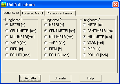 5.13 Unità di misura CARL, onsente all Utente l impostazioni delle unità di misura. Alla finestra in figura si aede attraverso il omando del menu dati Unità di misura.