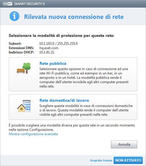 malware. Configurazione area sicura Se, una volta completata l'installazione, viene rilevata una connessione di rete, comparirà una notifica che consente all'utente di configurare un'area sicura.