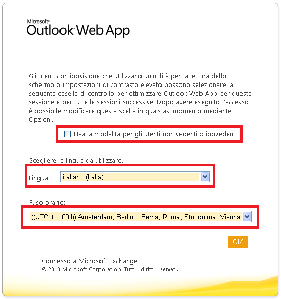 Primo accesso alla casella di posta mediante client Outlook Web App Al primo accesso alla casella mediane client Outlook Web App, viene presentata una schermata con la possibilità di scelta della