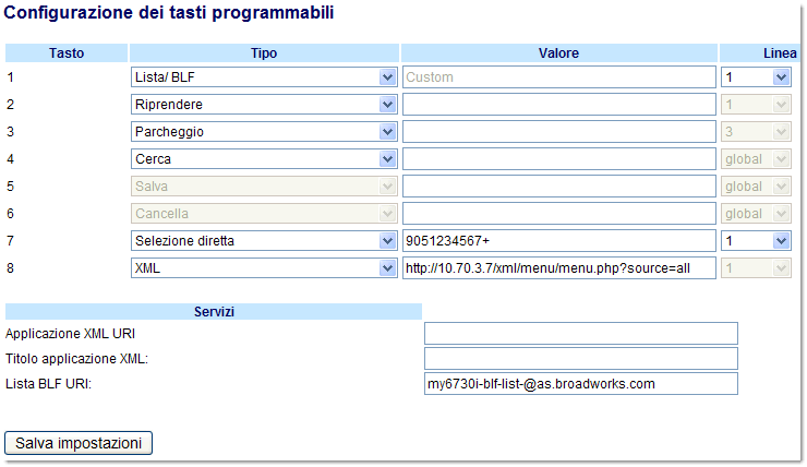 Tasti in linea e Tasti programmabili Configurazione di un tasto Lista BLF Interfaccia utente Web Aastra La funzione Lista BLF può essere configurata sul telefono 6753i solo tramite l'interfaccia