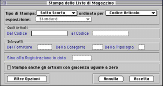 Liste di Magazzino Il comando Liste di Magazzino produce quattro tipi di stampa a supporto della gestione del magazzino: Sotto Scorta, Giacenza, Valorizzazione e Sopra Scorta.
