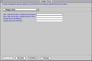 Codici Fissi Nella sezione Magazzino della tabella dei Codici Fissi vanno inseriti i codici di quattro causali di magazzino necessarie al programma per effettuare alcuni automatismi. Caus. Mag. Carico Giac.