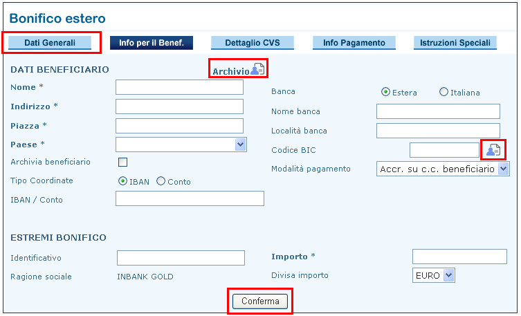 Selezionare la funzione "Nuova disposizione" per inserire manualmente la prima disposizione; Selezionare la funzione "Importa distinta" per importare i bonifici esteri da un file esterno.