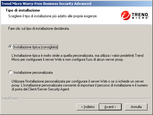 Trend Micro Worry-Free Business Security Advanced 6.0 - Guida all'installazione 10. Fare clic su Avanti. Viene visualizzata la schermata Tipo di installazione. FIGURA 3-4.