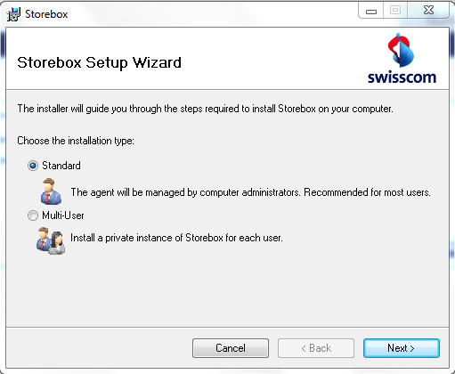 Installazione dello Storebox Client (/9) 36 Avete la possibilità di installare il client come «Standard» (); in quanto amministratori sarete quindi i soli a disporre dei diritti di utilizzo del