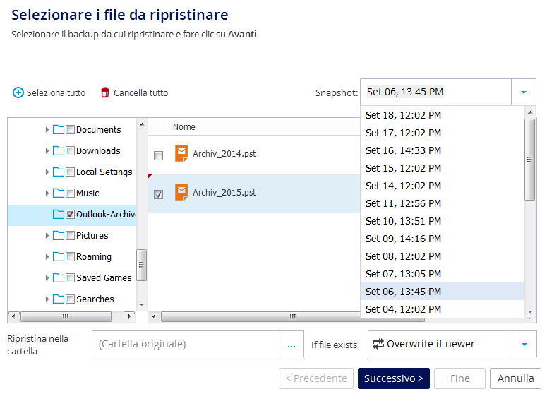 Ripristinare il backup (/3) 59 Si apre l'«selezionare i file da ripristinare». Alla voce «Snapshot» () scegliete la data del backup del quale desiderate ripristinare i dati.