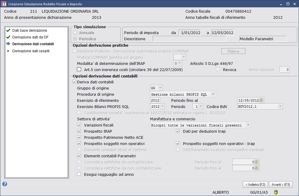 impostare le opzioni di derivazione dalla DF anno precedente verificate