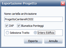 ESPORTAZIONE DISEGNI E PROGETTI Mediante questa funzione è possibile procedere alla esportazione automatica di tutti i disegni esecutivi dei tratti di ponteggio e/o dei files di progetto idonei per