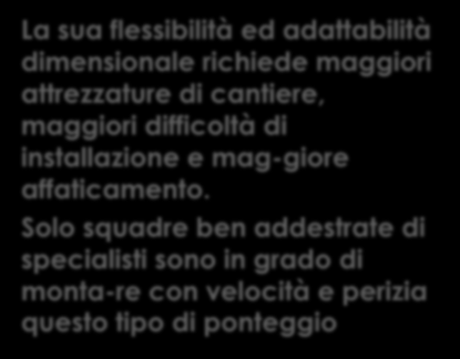 La sua flessibilità ed adattabilità dimensionale richiede maggiori attrezzature di cantiere, maggiori difficoltà di