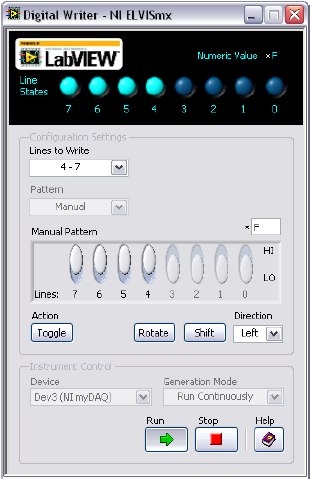 1.4.9 Scrittore digitale Lo scrittore digitale del NI ELVISmx aggiorna le linee digitali del dispositivo mydaq con pattern digitali specificati dall utente.