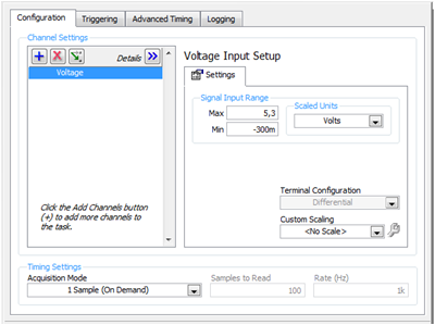 Figura 6.6: Configurazione DAQ Assistant Sul diagramma a blocchi premere tasto destro del mouse e comparirà la palette Functions.