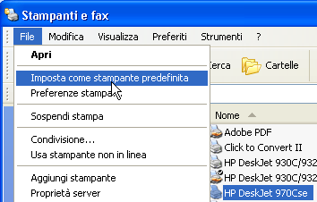 Per modificare la stampante predefinita con un altra, utilizzando i comandi della Barra dei menu, procedere nel seguente modo.