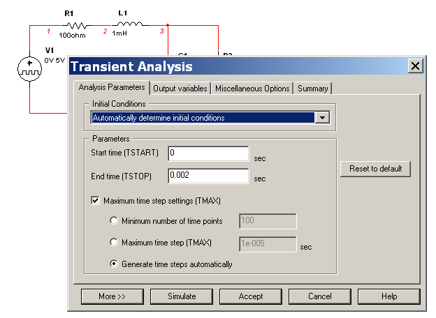 Tipi di analisi (7) Nel nostro semplice circuito, scegliamo come esempio l analisi in transitorio (Transient Analysis).