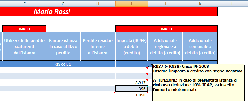 Nell'esercizio in cui le maggiori perdite che scaturiscono dall'istanza vengono utilizzate il foglio di calcolo ricorda la necessità di barrare la colonna 1 del campo RI5 dell'istanza telematica.