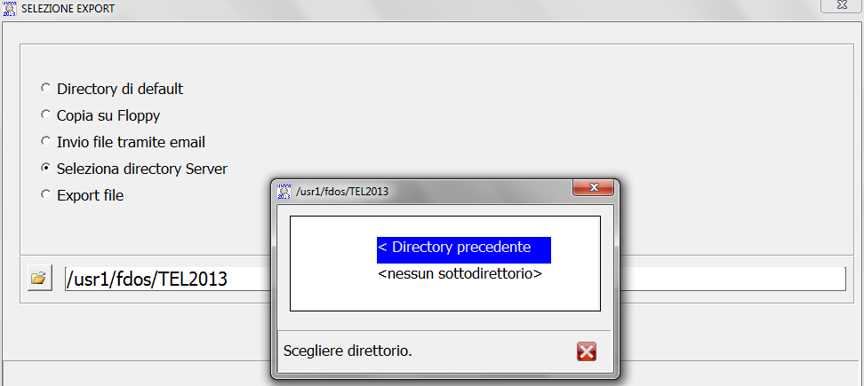 La prima opzione Directory di default è volutamente non selezionabile, poiché la directory in cui il programma di generazione dati deposita i files da trasmettere in via telematica è già definita a