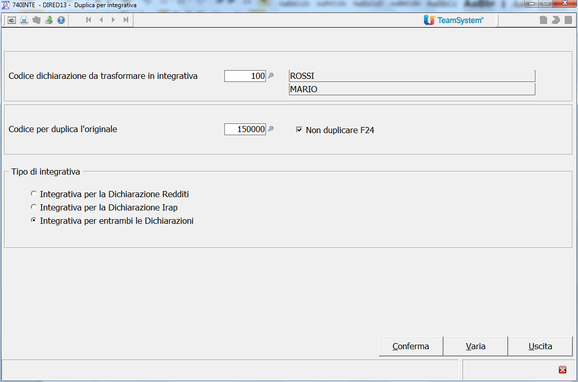 Duplica per Integrativa DIRED13 740INTE-750INTE- 760INTE Nuovo flag Non duplicare F24 Nei programmi 740INTE 750INTE - 760INTE, utilizzabili per duplicare la dichiarazione qualora fosse necessario