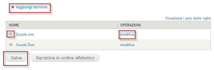 Aggiungere le voci di tassonomia per associare contenuti alle scuole È possibile gestire le diverse scuole analogamente ai diversi destinatari (Docenti, Genitori, etc), creando contenuti ed