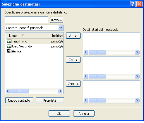 Outlook Express Nuovo Messaggio (contatto da Rubrica) Nella finestra Selezione destinatari fare clic sul contatto o gruppo (lista) a cui inviare la mail.