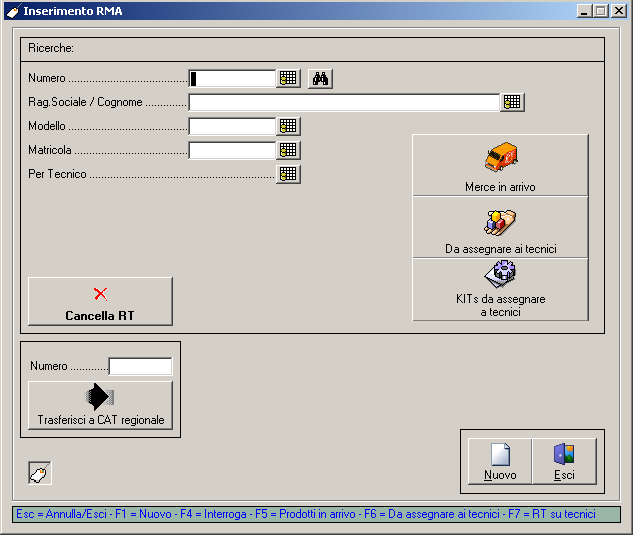Inserimento RMA Campi ricerca Elenco degli RT in arrivo da altri centri o dai rivenditori Elenco degli RT già presi in carico, ma non ancora assegnati a nessun tecnico.