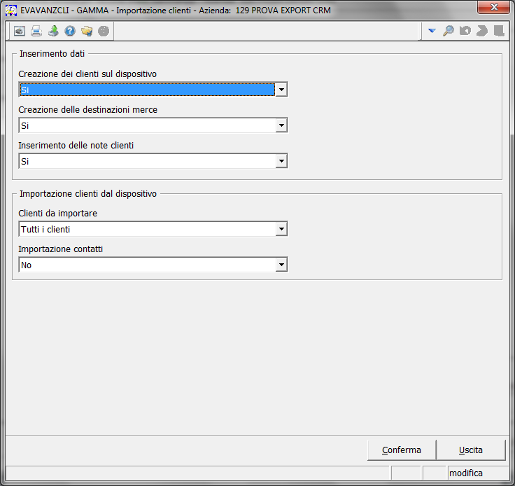 Creazione clienti sul dispositivo Creazione delle destinazioni merce Inserimento delle note clienti Clienti da importare Importazione contatti La voce consente di attivare, nel caso di utente con