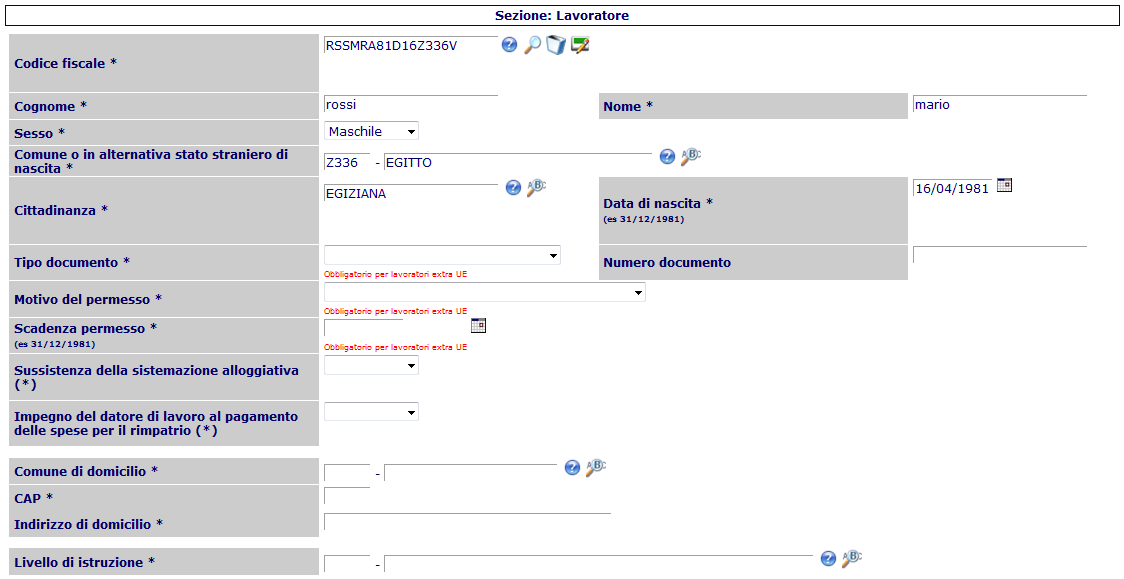 UNILAV (Unificato Lav) Tipo documento: Selezionare dal menù a tendina la tipologia di documento identificativi.