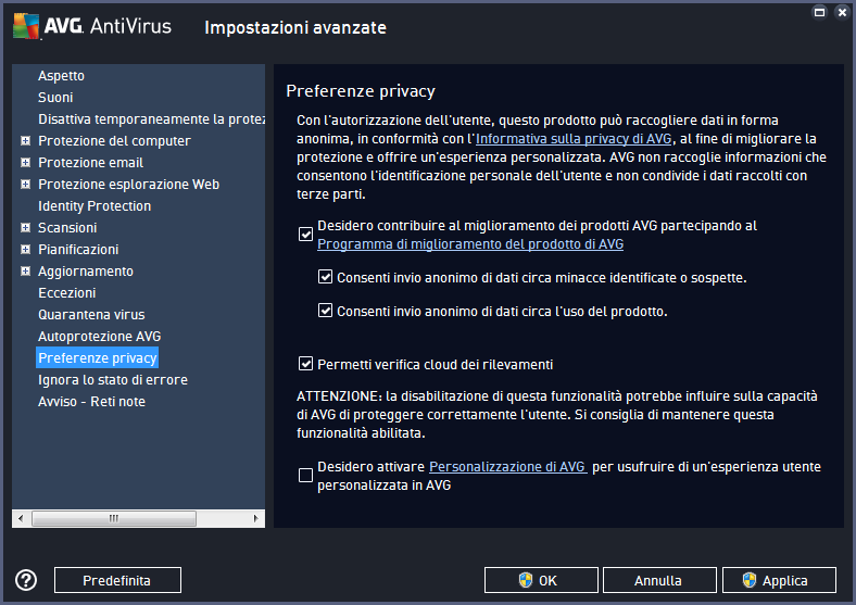 Nella finestra di dialogo sono disponibili le seguenti opzioni di impostazione: Desidero contribuire al miglioramento dei prodotti AVG partecipando al Programma di miglioramento del prodotto AVG