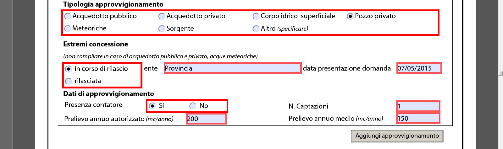 Nel caso vi siano più fonti di approvvigionamento (es. Acquedotto + pozzi) con il taso AGGIUNGI APPROVVIGIONAMENTO è possibile aggiungerle.