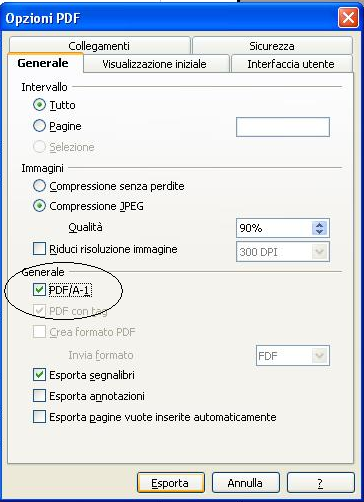 Attivata l opzione si presenterà la seguente finestra: Selezionare la casella PDF/A Premere il tasto Esporta e scegliere