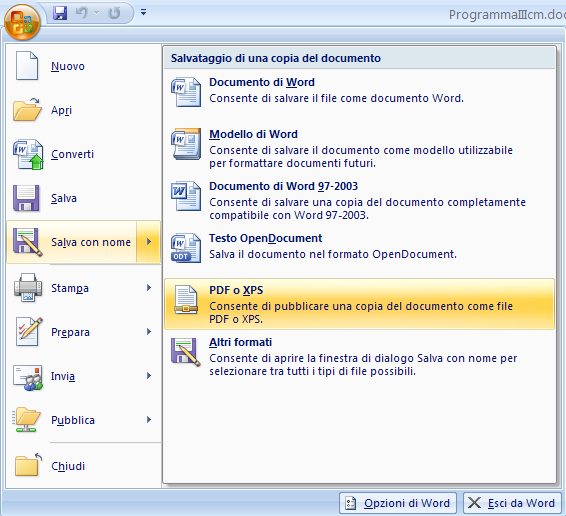 Convertire in PDF/A con Microsoft Office 2007 Nella versione di Office 2007, affinché sia garantita la creazione del PDF/A è necessario che sia installato il Service Pack 2 di Office, scaricabile dal