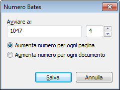 I parametri selezionati saranno aggiunti al campo Testo numerazione Bates accanto alla posizione del puntatore del mouse.