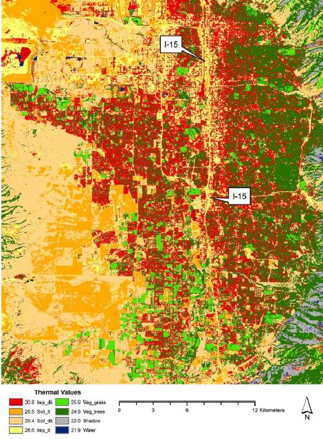 Applicazioni pratiche di Telerilevamento Termico Figura 46 Mappa termica della copertura del suolo a livello regionale. Ad ogni copertura è stato assegnato il valore termico medio.