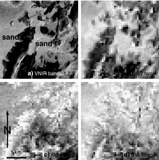 Thermal Remote Sensing immagini, sia diurne che notturne AST_08, figure (b) e (c), corrette dagli effetti di albedo e pendenza topografica, sia ancora visibile l effetto dell inerzia termica.