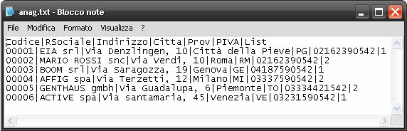 Esempio di file ANAG.TXT e ITEMS.