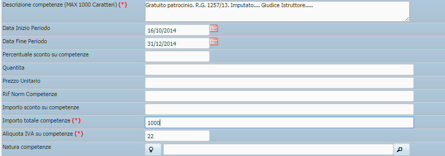 Sezione relativa all importo delle competenze (sfondo azzurro) Indicare una descrizione libera delle competenze Indicare la data di inizio lavoro del periodo per il quale si fattura.