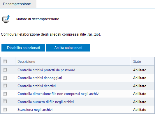 7.4.1 Configurazione motori di decompressione filtri Schermata 104: controlli motore di decompressione Per configurare i filtri del motore di decompressione: Controlla archivi protetti da password