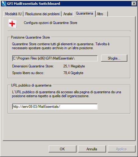 8.7 Percorso e URL pubblico di Quarantine Store Utilizzare GFI MailEssentials Switchboard per configurare il percorso di Quarantine Store e l URL pubblico di quarantena.