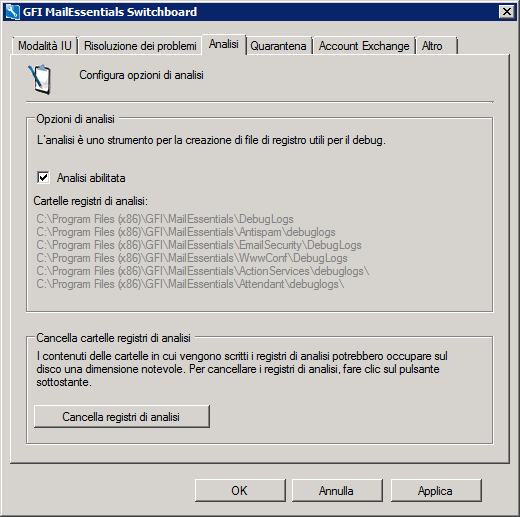 Schermata 137: configura opzioni di traccia 2. Per abilitare o disabilitare la traccia, selezionare o disabilitare rispettivamente Analisi abilitata.