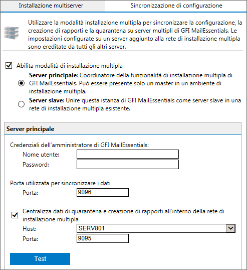 12.2.1 Configurazione del server principale Il server principale è responsabile della sincronizzazione dei dati fra tutte le istanze di GFI MailEssentials all interno della rete multiserver.