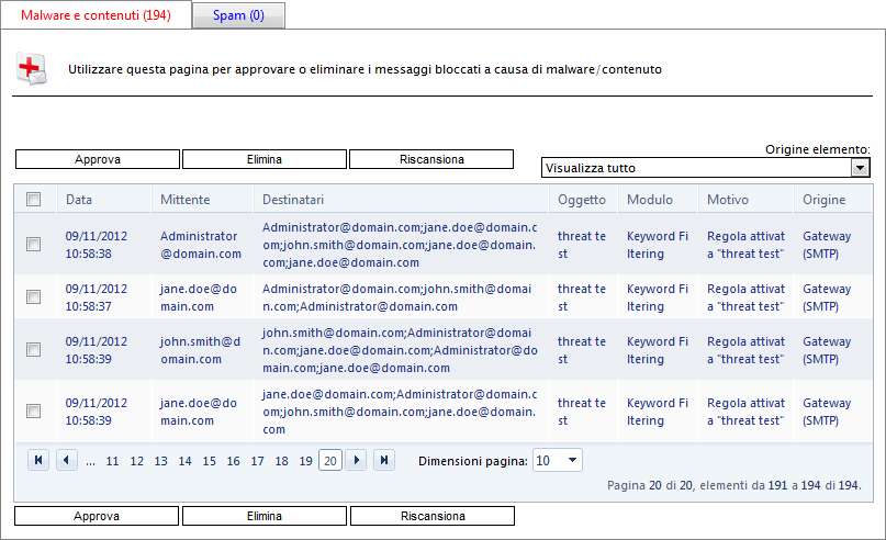 Passaggio 4: conferma del blocco dei messaggi di prova Verificare che i messaggi di prova sia in entrata che in uscita siano bloccati e inseriti nella quarantena.